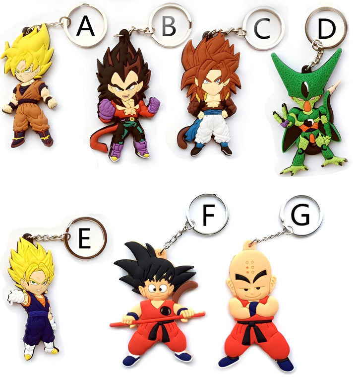 L'image représente 7 porte-clés en caoutchouc souple à l'effigie de personnages du dessin animé Dragon Ball Z. On peut y voir Goku, Vegeta, Gohan, Piccolo, Trunks, Krilin et Yamcha.,PO-3238209434,PO-7103151458,PO-8095613215,PO-2954809124,PO-7483900679,PO-385661107X,PO-6910686063