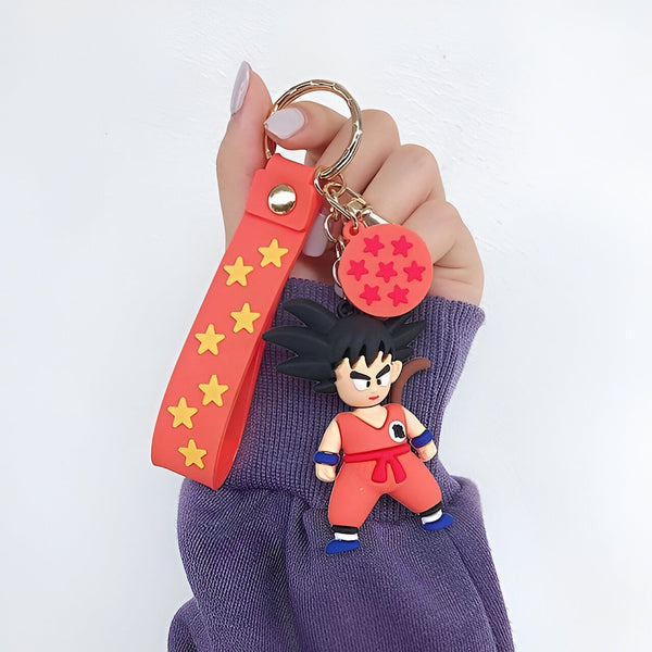 Un porte-clés en forme de Goku, un personnage de Dragon Ball Z. Il est vêtu de sa combinaison orange et a les cheveux noirs. Le porte-clés est rouge et jaune avec des étoiles.,PO-4735867872