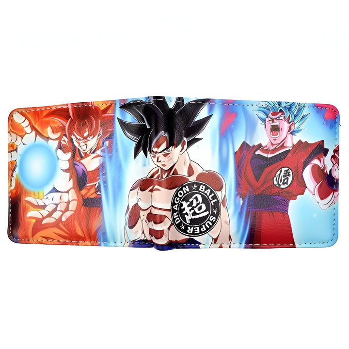 Le portefeuille est bleu avec des surpiqûres rouges. Il y a une image de Son Goku, Vegeta et Trunks en Super Saiyan sur le devant. Le logo de Dragon Ball Super est également présent.,PO-3410297731