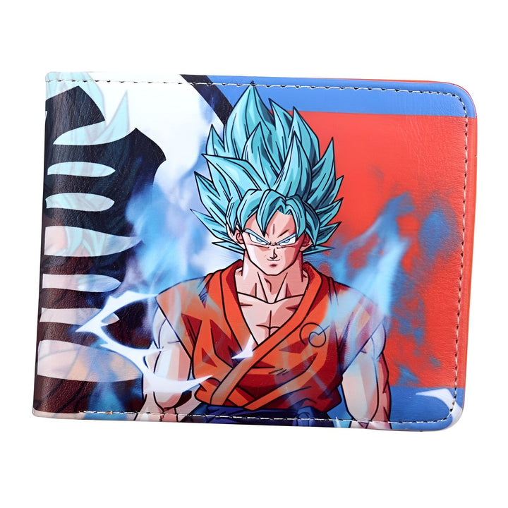 Le portefeuille présente Son Goku, un personnage de la série animée japonaise Dragon Ball Z. Il est représenté en train de se battre, avec ses cheveux bleus hérissés et une aura bleue l'entourant. Le portefeuille est bleu et orange, avec le logo de Dragon Ball Z sur le devant.,PO-8665567674