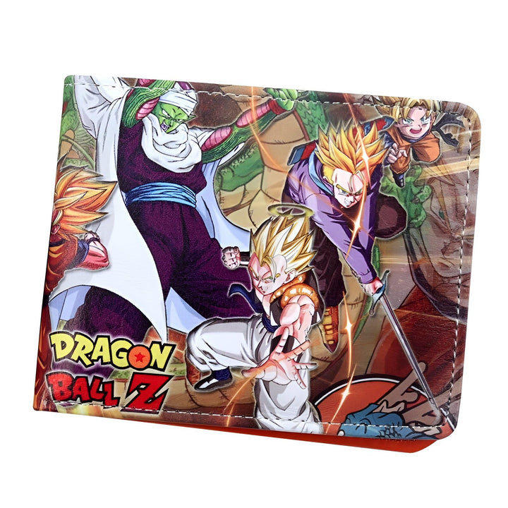 L'image représente un portefeuille orange avec une illustration de la série animée Dragon Ball Z. On peut y voir les personnages de Goku, Vegeta, Piccolo et Gohan en train de se battre.,PO-2985568226