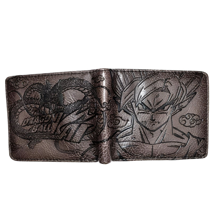 Portefeuille marron en cuir avec des illustrations de Son Goku et Shenron en noir et blanc.,PO-4646383276,PO-8213215133