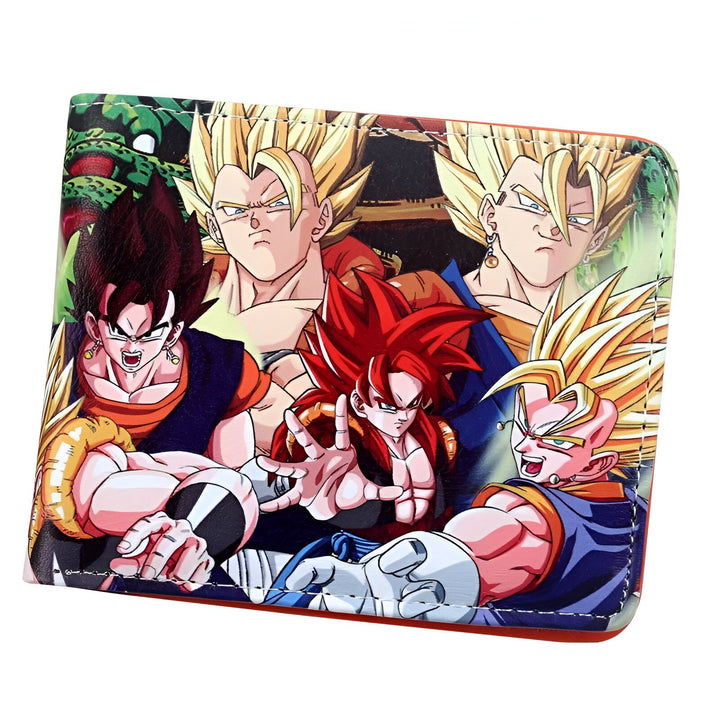 L'image représente un portefeuille rouge avec une illustration de personnages du dessin animé Dragon Ball Z. On peut y voir Goku, Vegeta, Gohan et Gotenks.,PO-660955319X