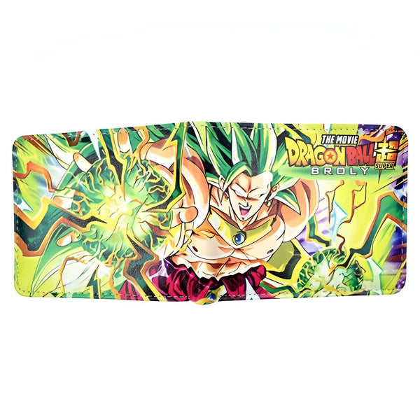 L'image représente un portefeuille avec le personnage de Broly, un personnage de la série Dragon Ball Super. Le portefeuille est de couleur verte et possède des détails en jaune et en noir.,PO-4551763888