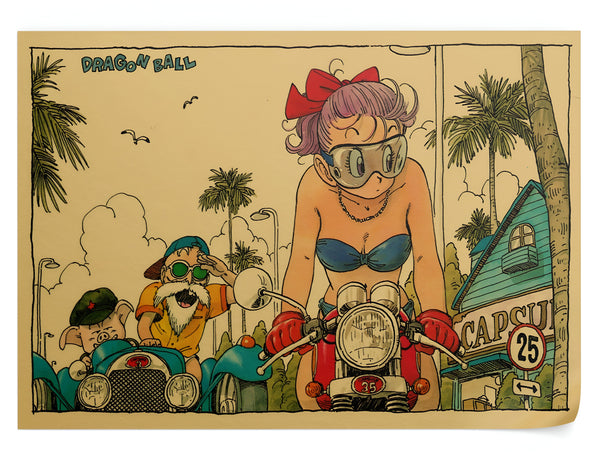 L'image représente une scène de la série animée Dragon Ball. On y voit Bulma, une jeune femme aux cheveux violets, conduire une moto. Elle est suivie de deux hommes, Tortue Géniale et Oolong, qui conduisent une voiture. Bulma porte un bikini bleu et des lunettes de soleil. Elle a un air déterminé sur le visage. Tortue Géniale est un vieil homme chauve avec une longue barbe blanche. Il porte un chapeau vert et des lunettes de soleil. Il a l'air surpris. Oolong est un petit cochon rose avec des aile