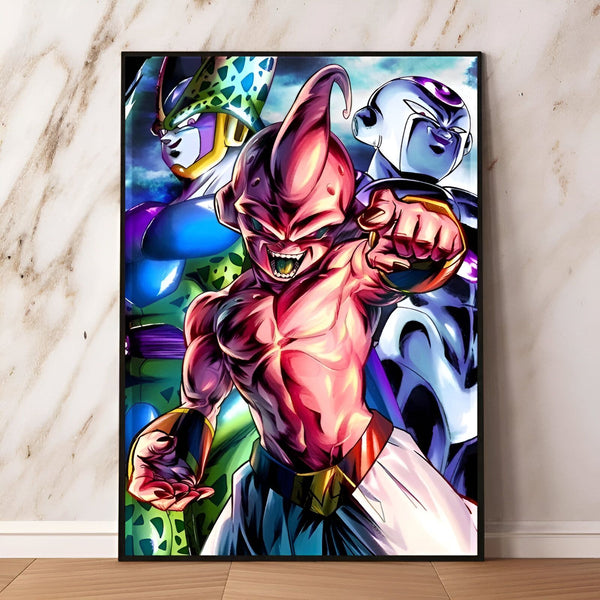 L'image représente trois personnages de la série Dragon Ball Z. Il y a Cell, Freezer et Majin Buu. Cell est un être artificiel créé par le Dr. Gero pour être le guerrier parfait. Freezer est un tyran galactique qui a conquis de nombreuses planètes. Majin Buu est un génie maléfique qui a été libéré par Babidi.,PO-7740920878