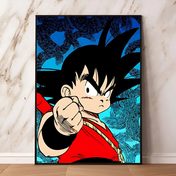 Une illustration de Son Goku, un personnage de la série animée Dragon Ball Z. Il est représenté en train de se battre, avec une expression déterminée sur le visage. Il porte un gi orange et une ceinture bleue. L'arrière-plan est bleu et blanc.,PO-5464937307