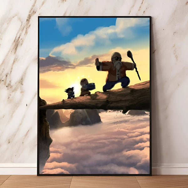 L'image représente un paysage montagneux avec un ciel orange et des nuages blancs. Au premier plan, on voit Goku, un jeune garçon, et Tortue Géniale, un vieil homme, en train de marcher sur un pont en bois. Tortue Géniale porte un bâton et Goku porte une boîte.,PO-6558956802