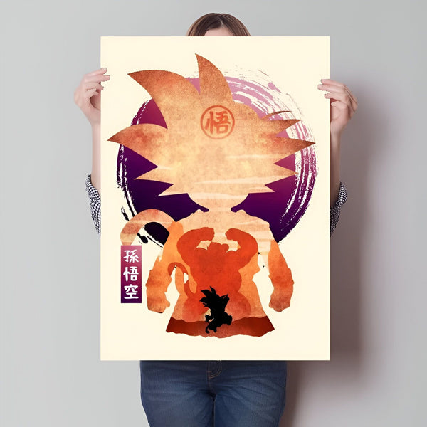 Une illustration de Son Goku, un personnage de la série animée Dragon Ball Z. Il est représenté de dos, avec les cheveux hérissés et les muscles saillants. Il porte une combinaison orange et bleue, et est entouré d'un cercle rouge et violet. Le texte "Kakarot" est écrit en japonais en haut de l'image, et le texte "Dragon Ball Z" est écrit en anglais en bas.,PO-9577085555