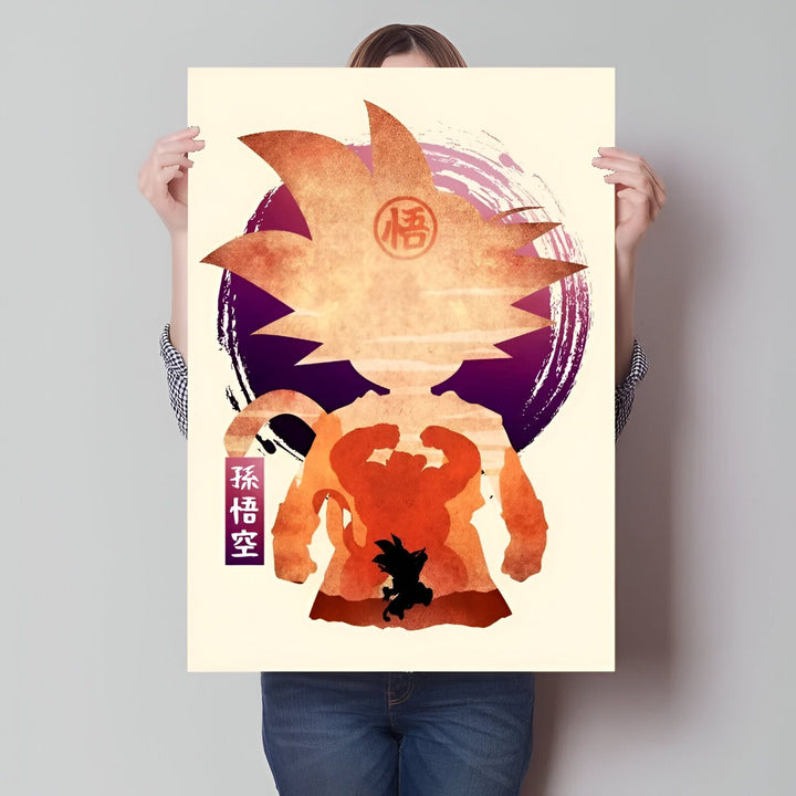 Une illustration de Son Goku, un personnage de la série animée Dragon Ball Z. Il est représenté de dos, avec les cheveux hérissés et les muscles saillants. Il porte une combinaison orange et bleue, et est entouré d'un cercle rouge et violet. Le texte "Kakarot" est écrit en japonais en haut de l'image, et le texte "Dragon Ball Z" est écrit en anglais en bas.,PO-9577085555