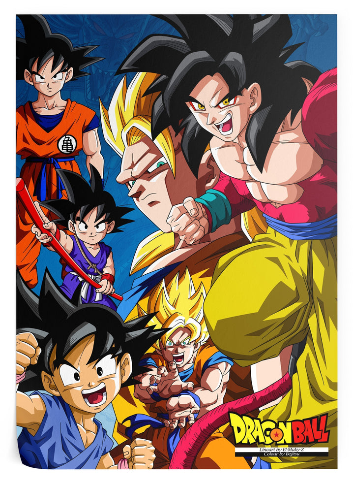 L'image représente les personnages de la série animée Dragon Ball. On y voit Goku, le personnage principal, à différents moments de sa vie. Il est accompagné de ses amis et de sa famille.,PO-1451232500