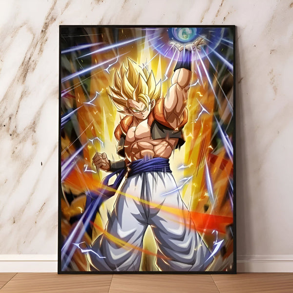 Une image de Son Goku, un personnage de la série animée Dragon Ball Z. Il est représenté en train de se transformer en Super Saiyan 3, avec ses cheveux blonds hérissés et ses yeux bleus. Il est vêtu d'un gilet bleu et d'un pantalon blanc. Il est entouré d'une aura dorée et bleue.,PO-3786187355
