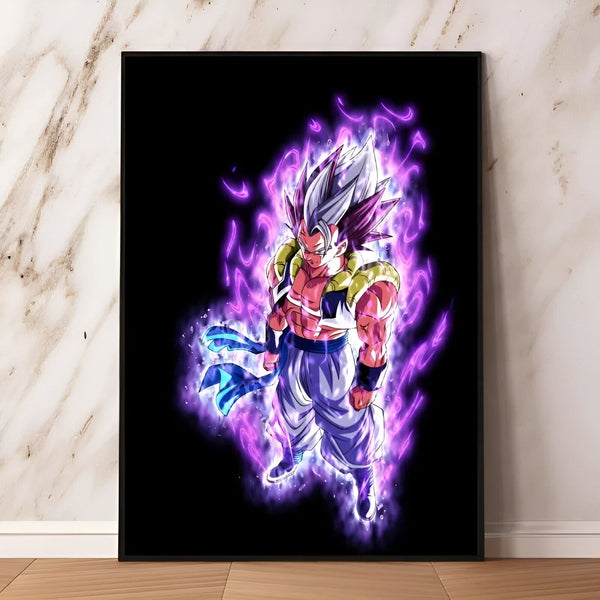 Une image de Son Goku, un personnage de la série animée Dragon Ball Z. Il est représenté en train de se transformer en Super Saiyan 4, avec les cheveux blancs et les yeux bleus. Il est entouré d'une aura violette.,PO-2187142922