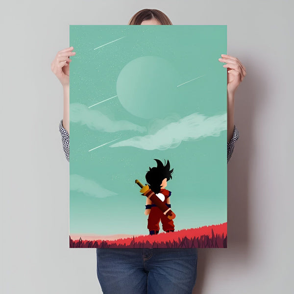 Une illustration de Son Goku, un personnage de la série animée Dragon Ball Z. Il est debout sur un champ d'herbe verte, tenant une épée. Le ciel est bleu et il y a une pleine lune.,PO-2480305473