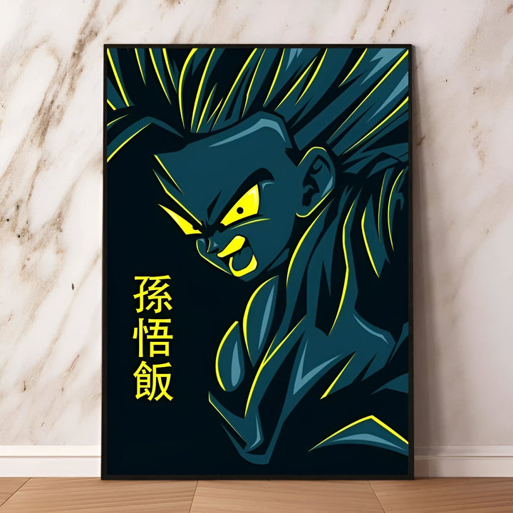 Une illustration de Son Gohan, un personnage de la série animée Dragon Ball Z. Il est représenté de face, avec les cheveux hérissés et le regard déterminé. Il porte une combinaison de combat bleue et jaune. En arrière-plan, on peut voir le kanji "Son Gohan" écrit en japonais.,PO-1633858642