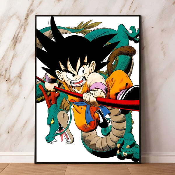 Une illustration de Son Goku, un personnage de Dragon Ball Z, chevauchant un dragon vert.,PO-9848568891