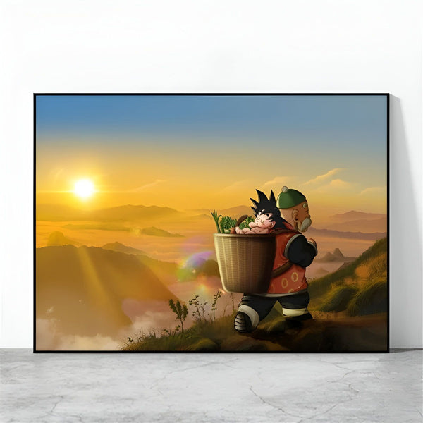 L'image représente un paysage montagneux avec un coucher de soleil. Un homme portant un panier avec un bébé sur le dos marche sur un sentier. L'homme est vêtu d'une tenue traditionnelle chinoise et porte un chapeau. Le bébé est emmailloté dans une couverture. Le soleil se couche derrière les montagnes et le ciel est orange et jaune.,PO-8908482024