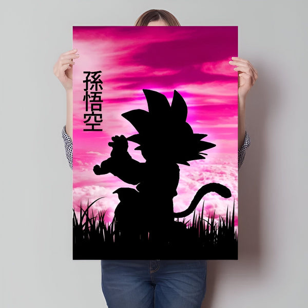 Une silhouette de Son Goku, un personnage de Dragon Ball Z, est représentée sur un fond rose. Il est en train de charger son attaque Kamehameha.,PO-9940615418