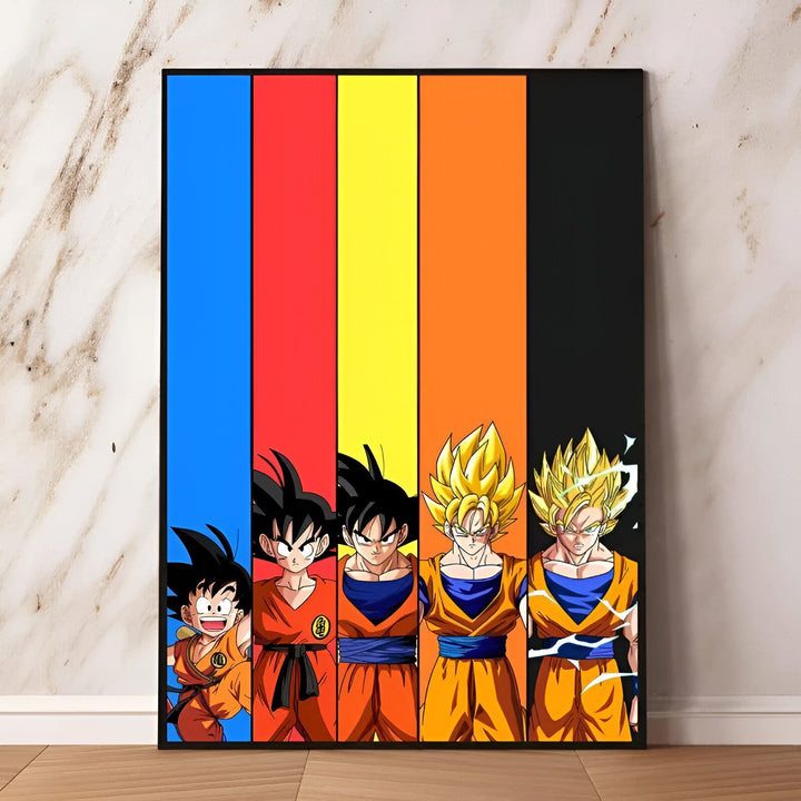 L'image représente l'évolution de Son Goku, le personnage principal de la série animée Dragon Ball. On le voit enfant, puis adolescent, puis adulte. Il est vêtu de son costume de combat orange et bleu. En arrière-plan, on peut voir les couleurs de l'arc-en-ciel.,PO-9367741219