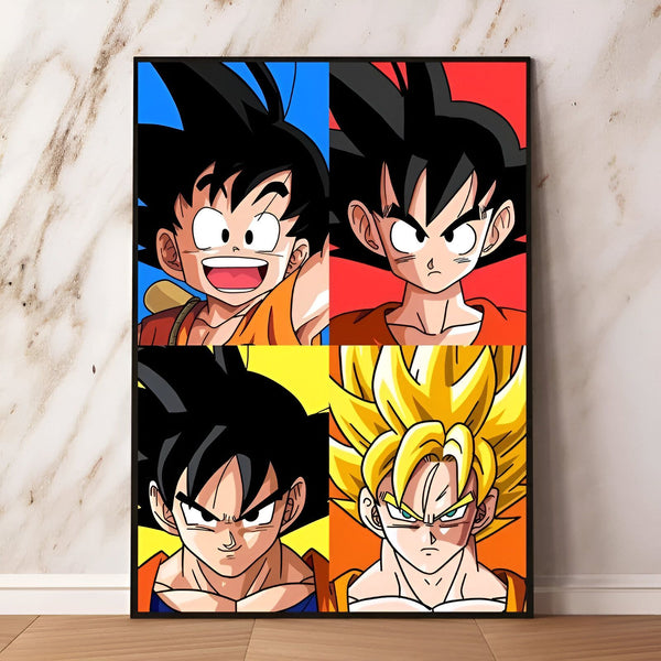 Une illustration de Son Goku, un personnage de la série animée Dragon Ball. Il est représenté sous quatre formes différentes : enfant, adolescent, adulte et Super Saiyan.,PO-5464842128