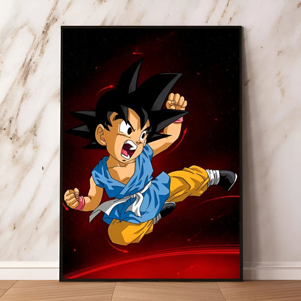 Une illustration de Son Goku, un personnage de la série animée Dragon Ball Z. Il est représenté en train de voler et de donner un coup de pied. Il porte une combinaison orange et bleue et a les cheveux noirs hérissés. L'arrière-plan est rouge et noir.,PO-6970655687