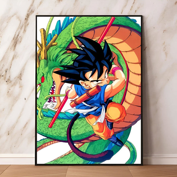 Une illustration de Son Goku, un personnage de la série animée Dragon Ball Z. Il est représenté en train de combattre un dragon vert.,PO-034346330X