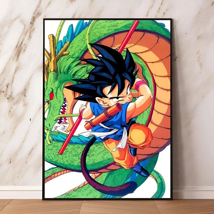 Une illustration de Son Goku, un personnage de la série animée Dragon Ball Z. Il est représenté en train de combattre un dragon vert.,PO-034346330X