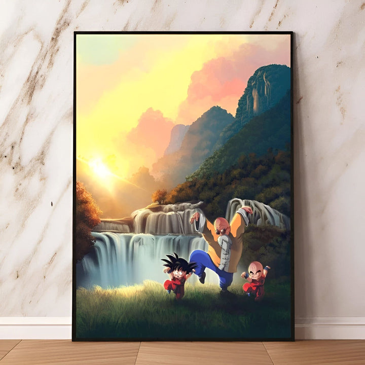L'image représente un paysage montagneux avec une cascade et un coucher de soleil. Au premier plan, on peut voir Tortue Géniale, Goku et Krilin en train de s'entraîner.,PO-3166470387
