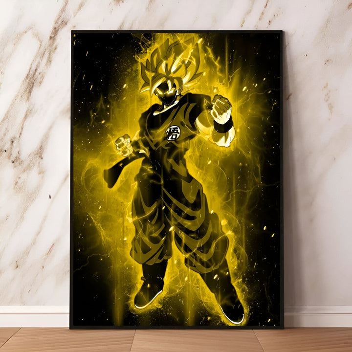 L'image représente Son Goku, un personnage de la série animée Dragon Ball Z. Il est représenté en train de se battre, avec ses cheveux dressés vers le haut et une aura jaune qui l'entoure.,PO-6486969091