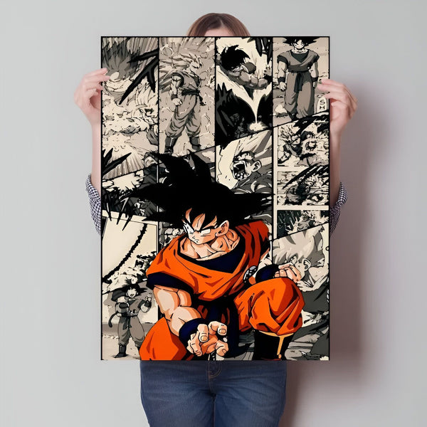 Une affiche de Son Goku, le personnage principal de la série animée Dragon Ball Z. Il est représenté en train de se battre contre un adversaire. L'affiche est composée de plusieurs cases de manga, qui racontent l'histoire du combat.,PO-3822116874
