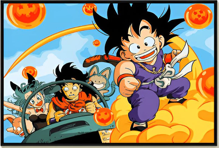 Une image de Son Goku, Bulma, Krilin et Tortue Géniale sur le nuage magique.,PO-4495638920,PO-9960330265