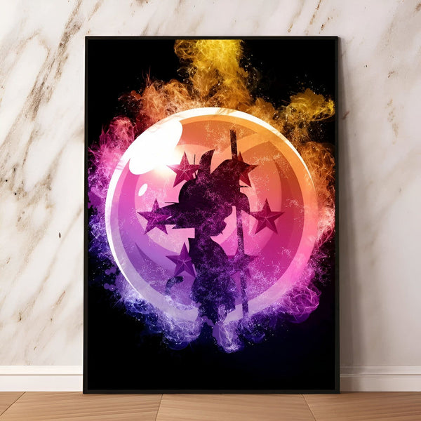 Une illustration de Son Goku, un personnage de la série animée Dragon Ball Z. Il est représenté en train de voler dans les airs, entouré d'un halo de fumée et tenant son bâton magique.,PO-6608047436