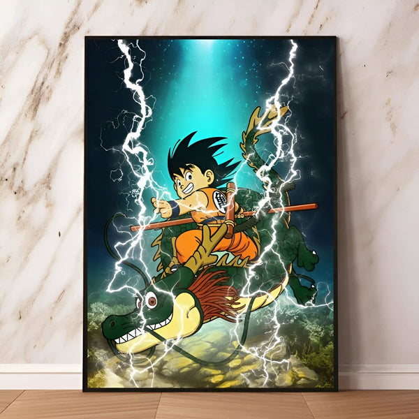 L'image représente un jeune garçon, Son Goku, chevauchant un dragon vert. Le garçon est vêtu d'une combinaison orange et bleue, et il tient un bâton dans ses mains. Le dragon est entouré d'éclairs bleus.,PO-9451305254