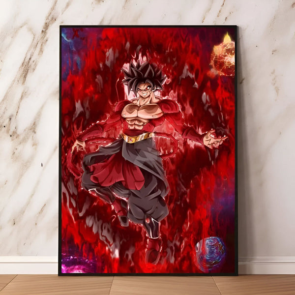 L'image représente un personnage de dessin animé, Son Goku, dans une aura rouge. Il est vêtu d'un pantalon noir et d'une veste rouge. Il a les cheveux noirs et les yeux rouges. Il est en train de se battre contre un ennemi.,PO-3737210578