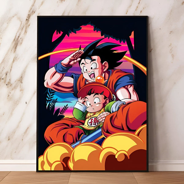 Une illustration de Goku et Gohan dans un style rétro. Goku est un personnage de la série animée Dragon Ball Z. Il est représenté avec son fils Gohan, qui est également un personnage de la série. L'image est dessinée dans un style rétro, avec des couleurs vives et des lignes épurées.,PO-2888030705