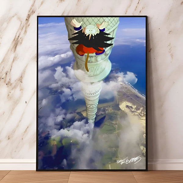 Une image de Son Goku, un personnage de Dragon Ball Z, est suspendue dans les airs au-dessus de la Terre. Il est entouré de nuages et on peut voir la mer et les côtes en arrière-plan.,PO-7162034616