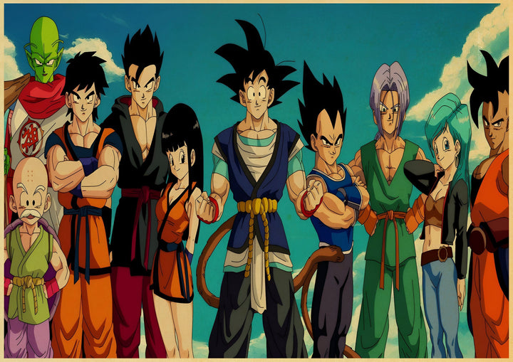 Une image des personnages du dessin animé Dragon Ball Z. On y voit Goku, Vegeta, Gohan, Piccolo, Krilin, Yamcha, Bulma et Trunks.,PO-5262002781,PO-1688049398