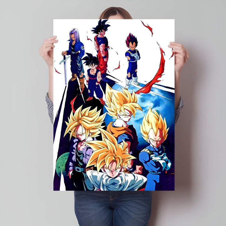 L'image représente les personnages du dessin animé Dragon Ball Z. On peut voir Goku, Vegeta, Trunks, Gohan, Piccolo et Krilin.,PO-6101231550