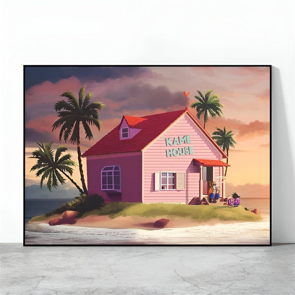Une image de la maison de Kame dans Dragon Ball. La maison est rose avec un toit rouge et est située sur une petite île. Il y a des palmiers sur l'île et la mer en arrière-plan.,PO-7292188176
