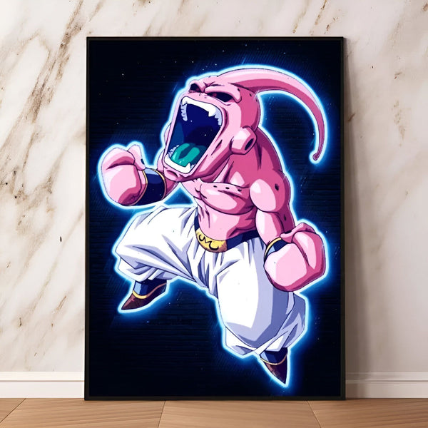 L'image représente un personnage de dessin animé rose et musclé, avec des gants et un pantalon blancs. Il est en train de crier et de se mettre en colère. Il y a un fond bleu avec des éclairs bleus autour du personnage.,PO-2359632191