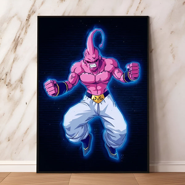 Une illustration de Boo, un personnage de Dragon Ball Z. Boo est un extraterrestre rose avec des cheveux blancs et des yeux bleus. Il est très puissant et peut se régénérer.,PO-6169544155