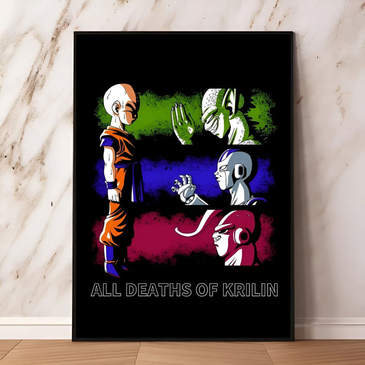 L'image représente les différentes morts de Krillin dans la série Dragon Ball. On peut le voir se faire tuer par Freezer, Cell et Buu.,PO-3090262878