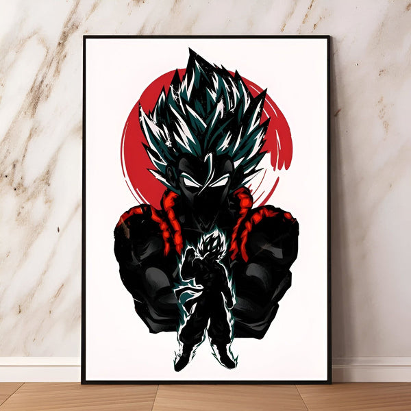 Une illustration de Vegeta, un personnage de la série animée Dragon Ball Z. Il est représenté de face, avec les cheveux verts et les yeux bleus. Il porte une combinaison noire et rouge et est en position de combat. En fond, on peut apercevoir un cercle rouge.,PO-4380478807