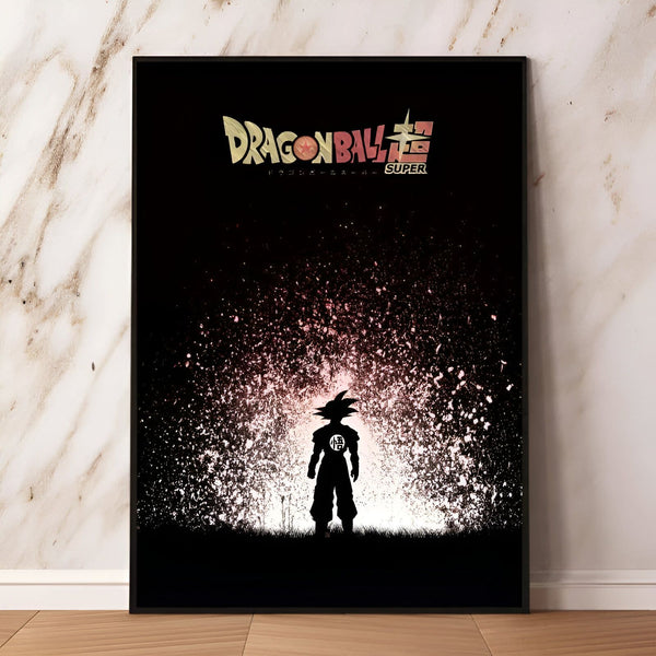 Une illustration de Son Goku, le personnage principal de la série animée Dragon Ball Super. Il est représenté de dos, en train de regarder un coucher de soleil.,PO-4746063486