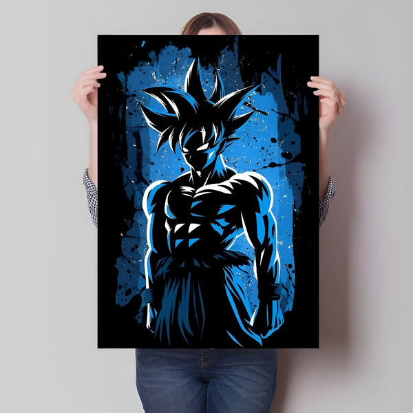 Une image de Son Goku, un personnage de la série animée Dragon Ball Z. Il est représenté de face, avec les cheveux bleus et les yeux bleus. Il porte une combinaison bleue et une ceinture orange. Il est entouré d'un fond bleu et noir.,PO-5086544742
