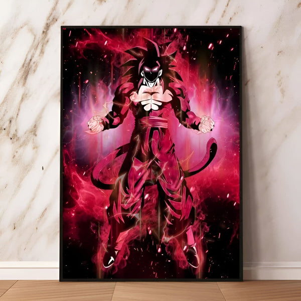 Une image de Son Goku, un personnage de la série animée Dragon Ball Z. Il est représenté en train de se transformer en Super Saiyan 4, une forme puissante qu'il atteint après avoir maîtrisé le pouvoir de l'Oozaru, le singe géant enragé.,PO-7884285940