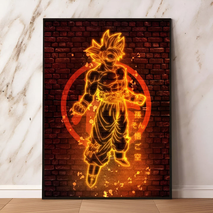 Une illustration de Son Goku, un personnage de la série animée Dragon Ball Z. Il est représenté en train de se tenir debout, les poings serrés, sur un fond de briques rouges.,PO-5021534106
