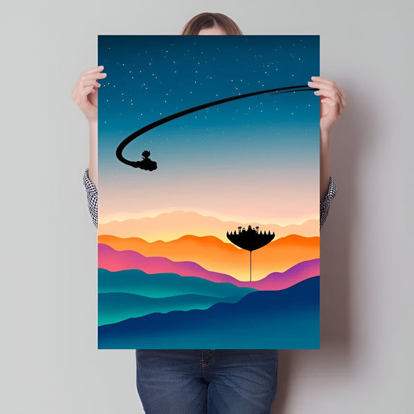 Une illustration de Son Goku volant sur son nuage magique au-dessus d'un paysage montagneux coloré.,PO-4945594295