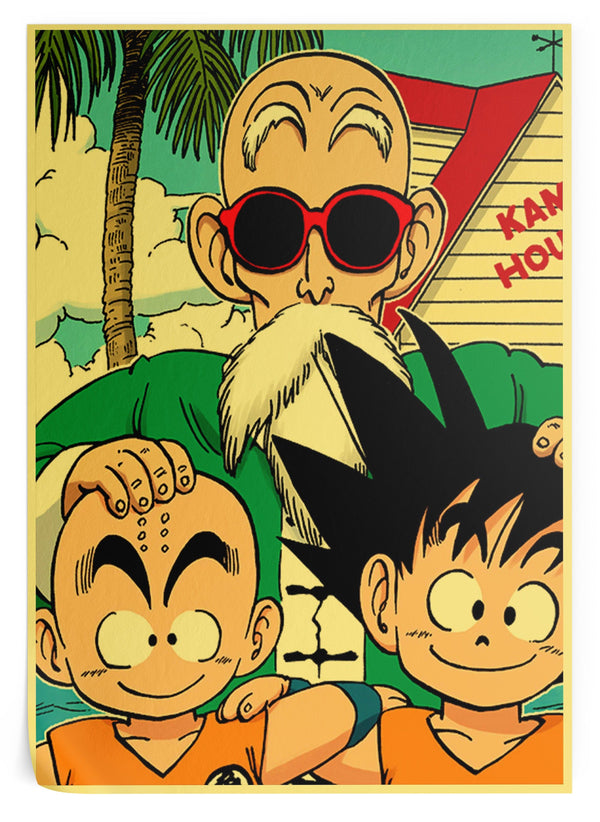 L'image représente Tortue Géniale, Krilin et Sangoku, personnages du dessin animé Dragon Ball. Tortue Géniale est un vieil homme chauve avec une longue barbe blanche. Il porte des lunettes de soleil et une chemise verte. Krilin est un jeune homme chauve avec des cheveux noirs. Il porte une chemise orange et un pantalon bleu. Sangoku est un jeune homme avec des cheveux noirs hérissés. Il porte une chemise orange et un pantalon bleu.,PO-8188484903