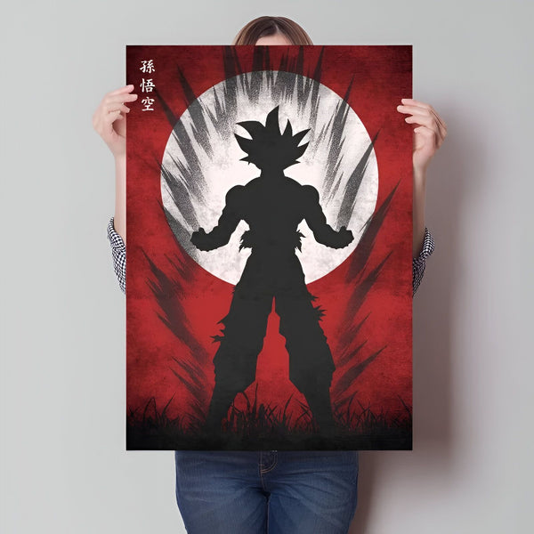 Une image de Son Goku, un personnage de la série animée Dragon Ball Z. Il est représenté de dos, en train de se préparer à lancer une attaque. L'arrière-plan est rouge et blanc.,PO-028544946X